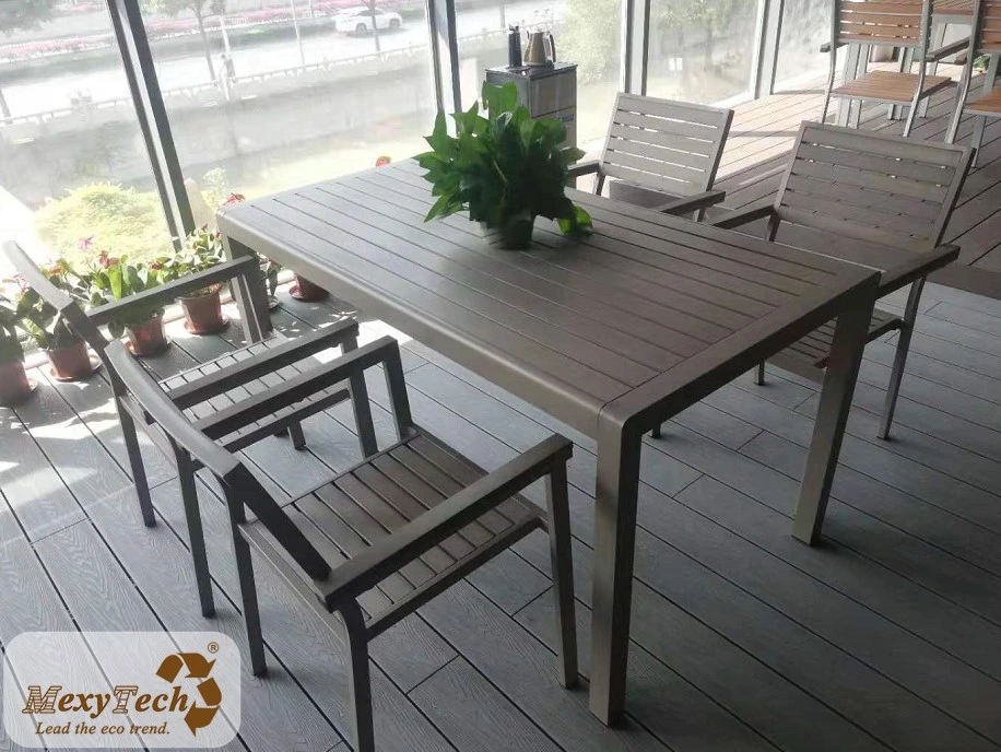 Decoración moderna de madera de exterior huerto Muebles de plástico mesa y silla