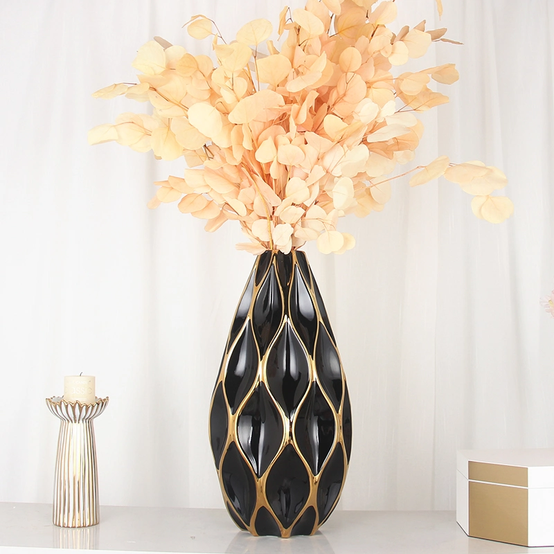 V082A Nordic Light الفاخرة السيراميك الطابق Vase كبيرة الديكور منزل مجموعات زهور الزهور السوداء والذهبية المتطورة