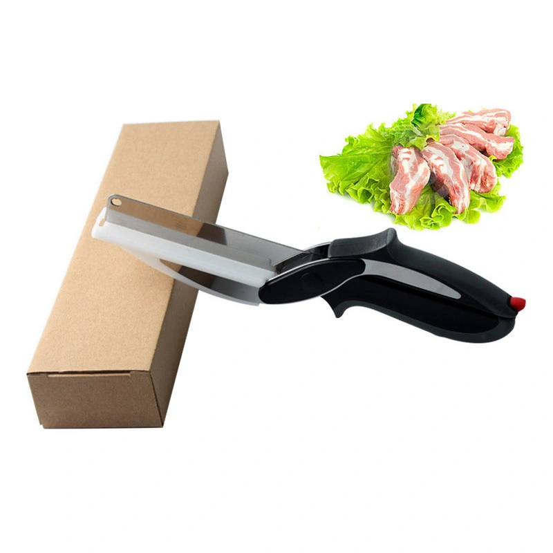 2-in-1 Clever Food Chopper Cutter Scissor Stainless Steel Knife with Cutting Board Built-in for Chopping Fruits, Vegetables, Meats, Cheese Esg12092