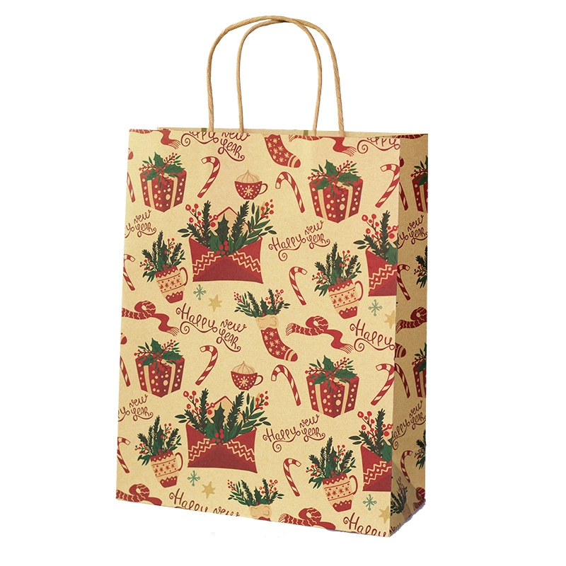 Custom Printed Christmas Style Brown Kraft Paper Bag Grocery Store Promotional Shopping Packaging Bag