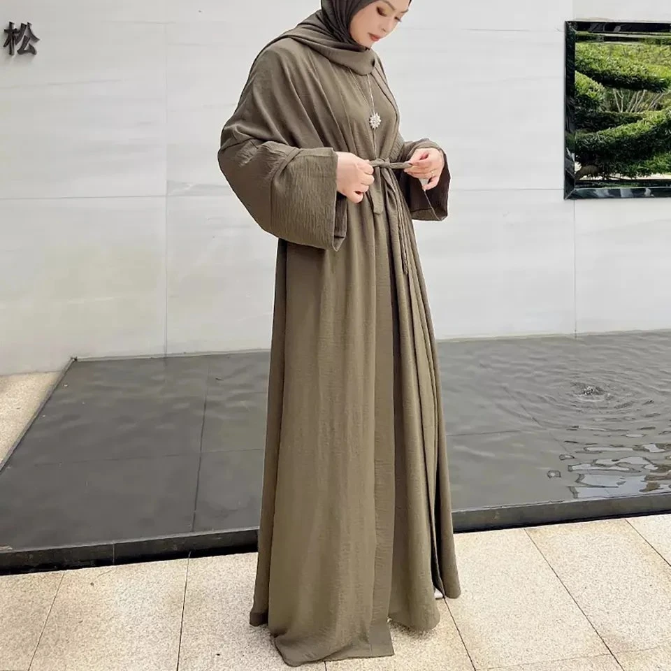 Dubai Solid Color Two Piece Set Abaya Women Muslim Dress