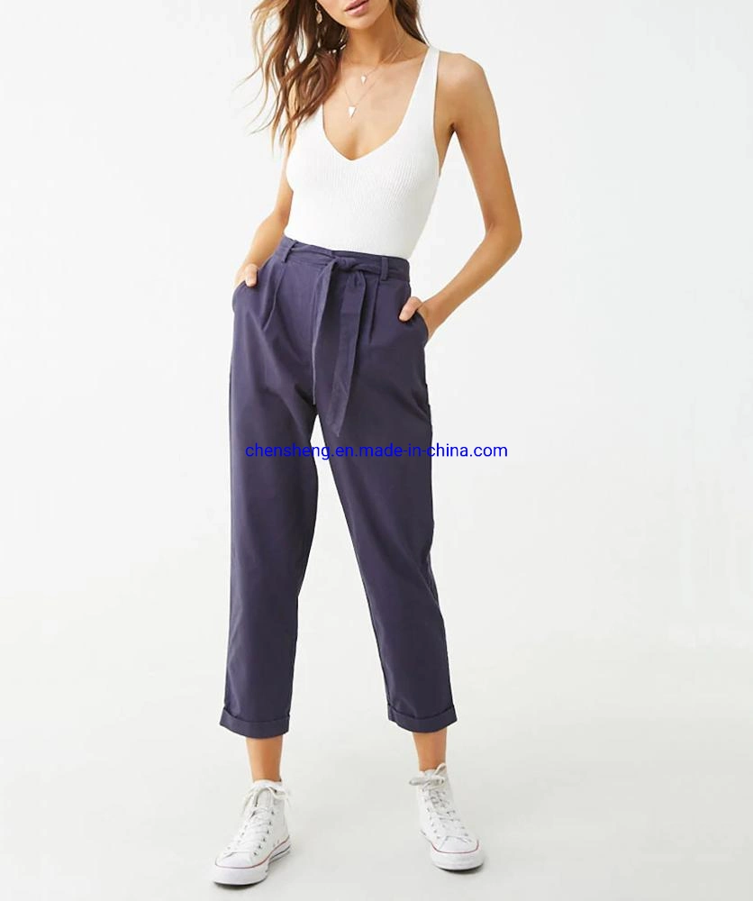 New Fashion Casual Women's Long Pants Wholesale Belted Cuffed Hem Cotton Trousers Ladies Casual Pants Cargo Pants