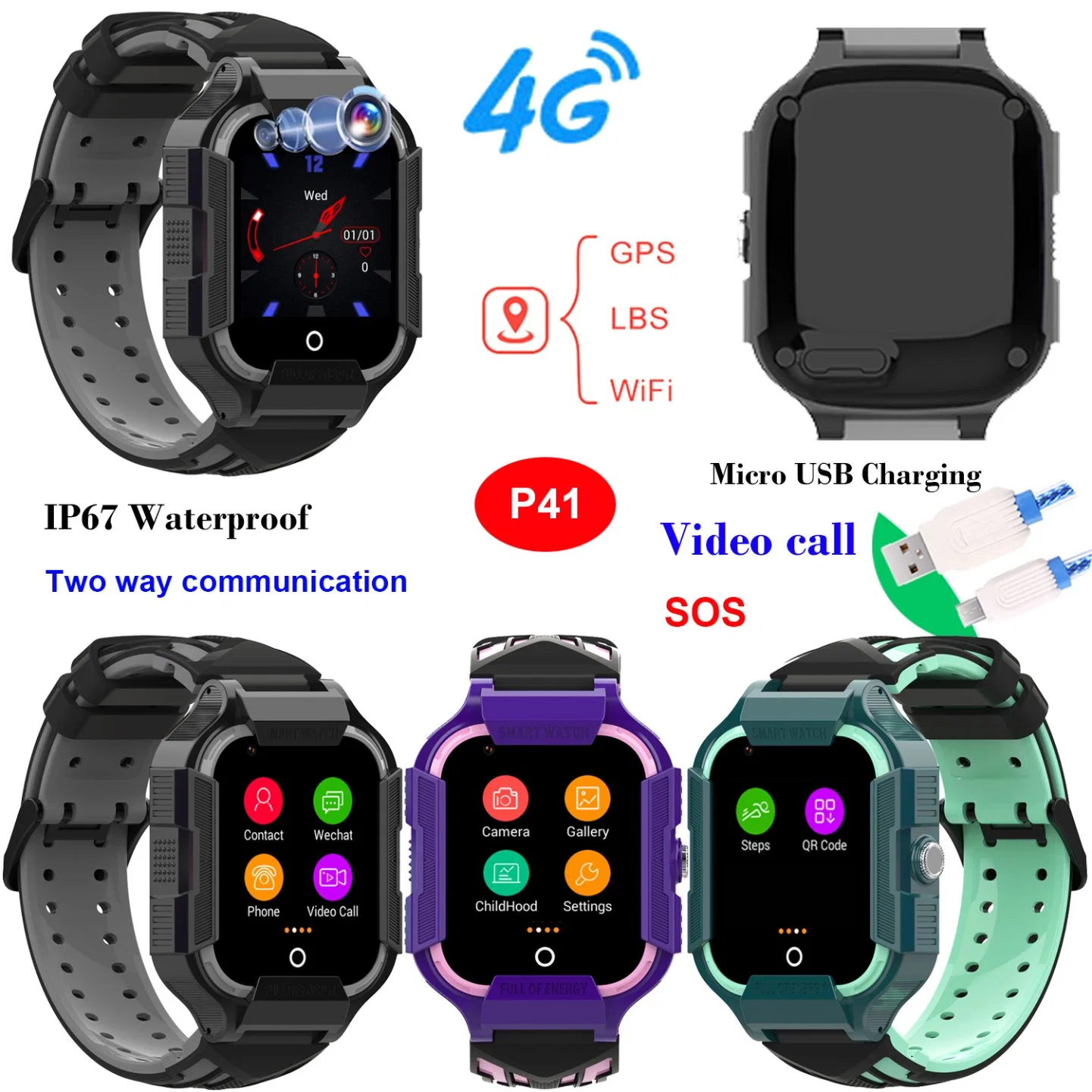 Fashion New Developed IP67 Water Resistance 4G Boys Girls Smart watch Personal GPS Tracker Device with Voice monitor Video Call P41