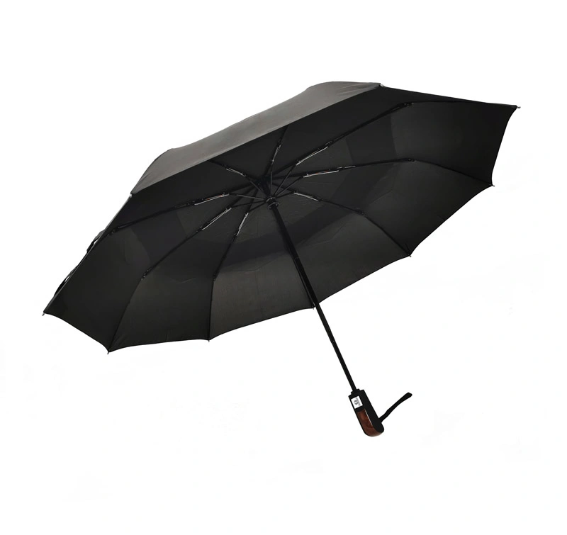 Fujian Factory Unique Handle 9 Ribs Double Cloth Wind Vent Gift Travel Rain Auto 3 Folding Umbrella
