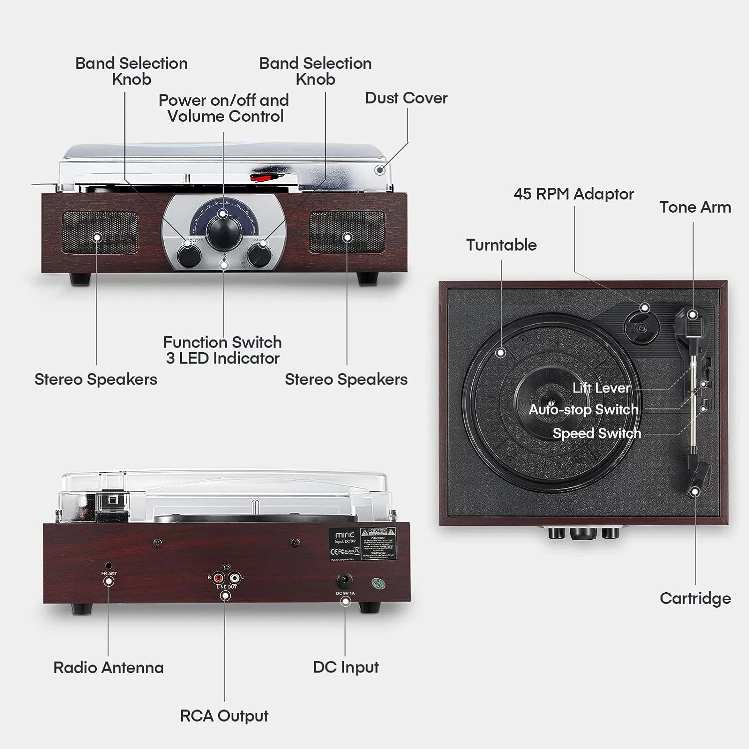 3-Speed (33 1/3, 45, 78 RPM) FM/Am Retro Turntable Record Player