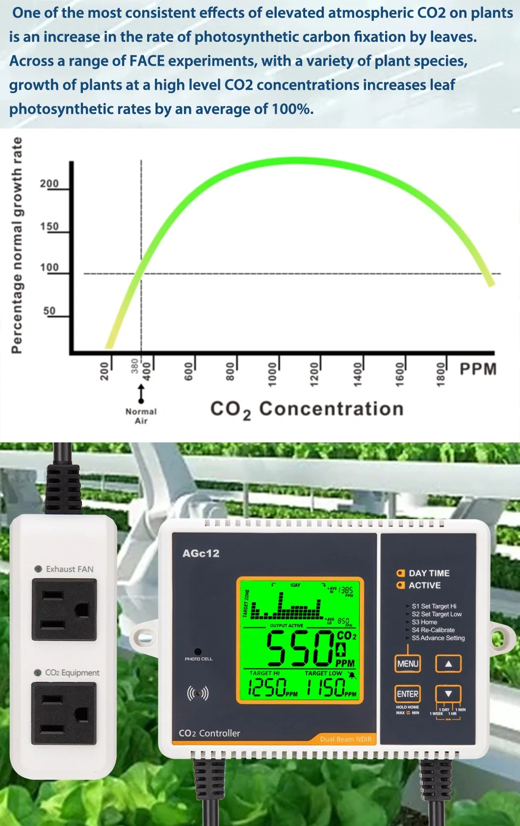 CO2 Controller Tag/Nacht-Sensor mit großer LCD-Anzeige für Gewächshaus Hydrokultur Indoor Garten