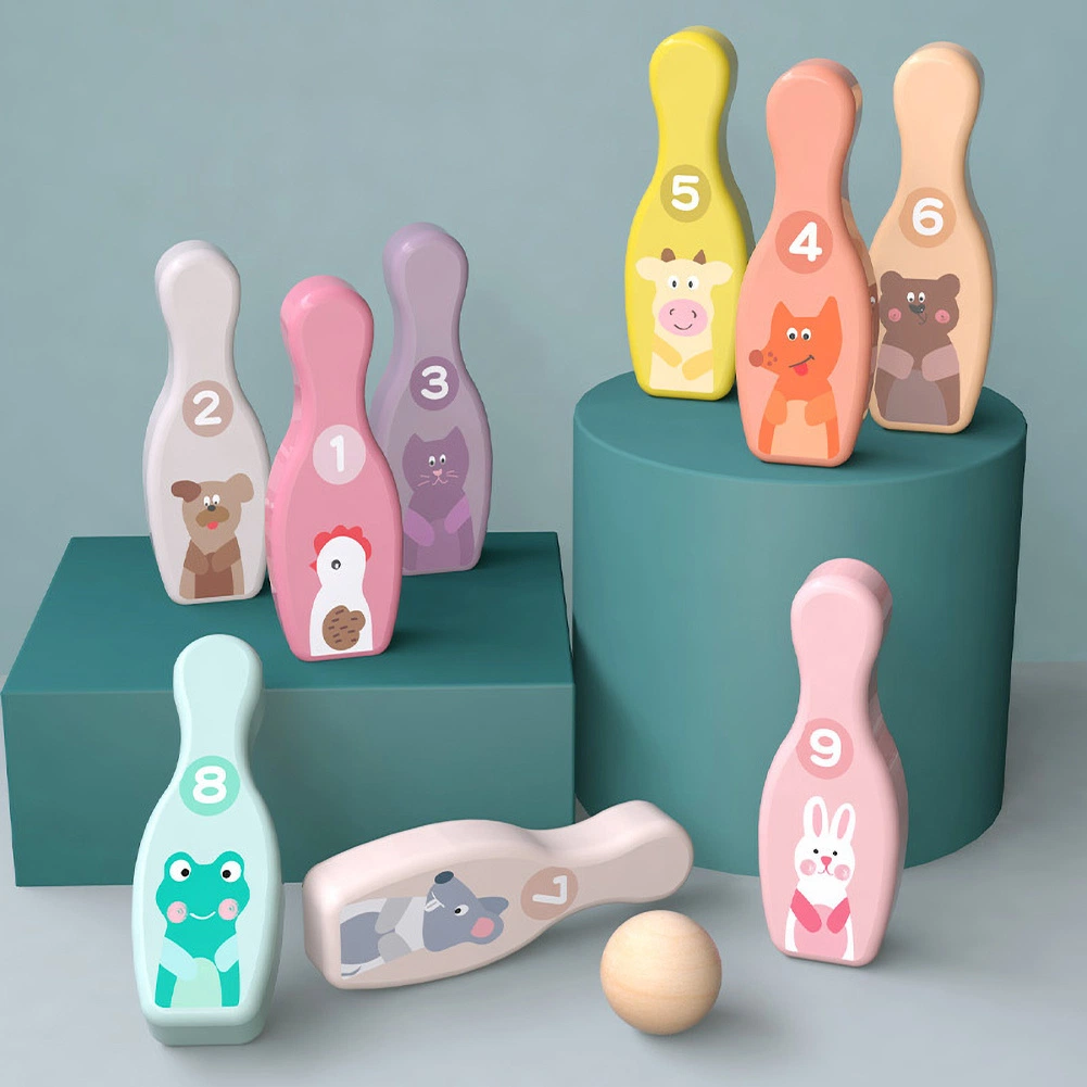 Kids Wooden Cute Cartoon Animal Bowling Pins Balls Sport Toy Indoor Garden Interactive Game