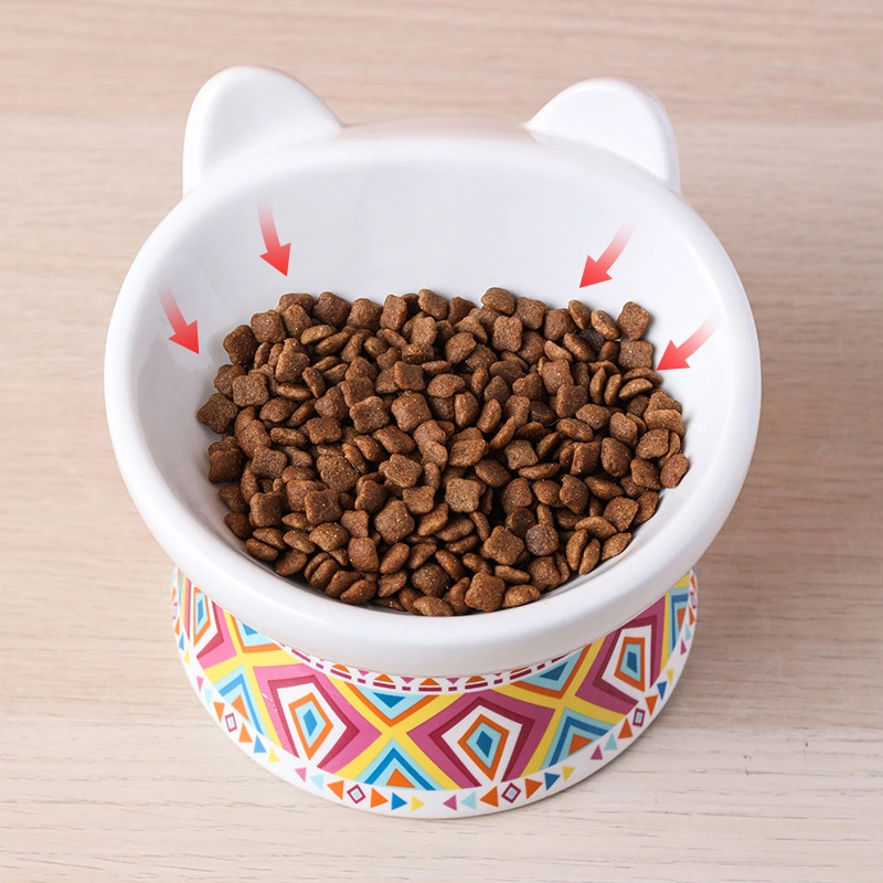 Raised Cat Food Bowl, Cute Elevated Slanted Kitten Pet Feeding Bowl, Tilted Cat Food Dish, Ceramic Pet Food Water Feeder for Cat, Anti Vomiting