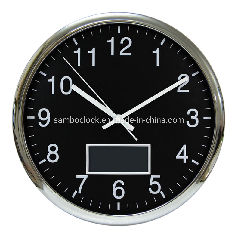 Silver Round LCD Wall Clock with Day and Date for Decoration