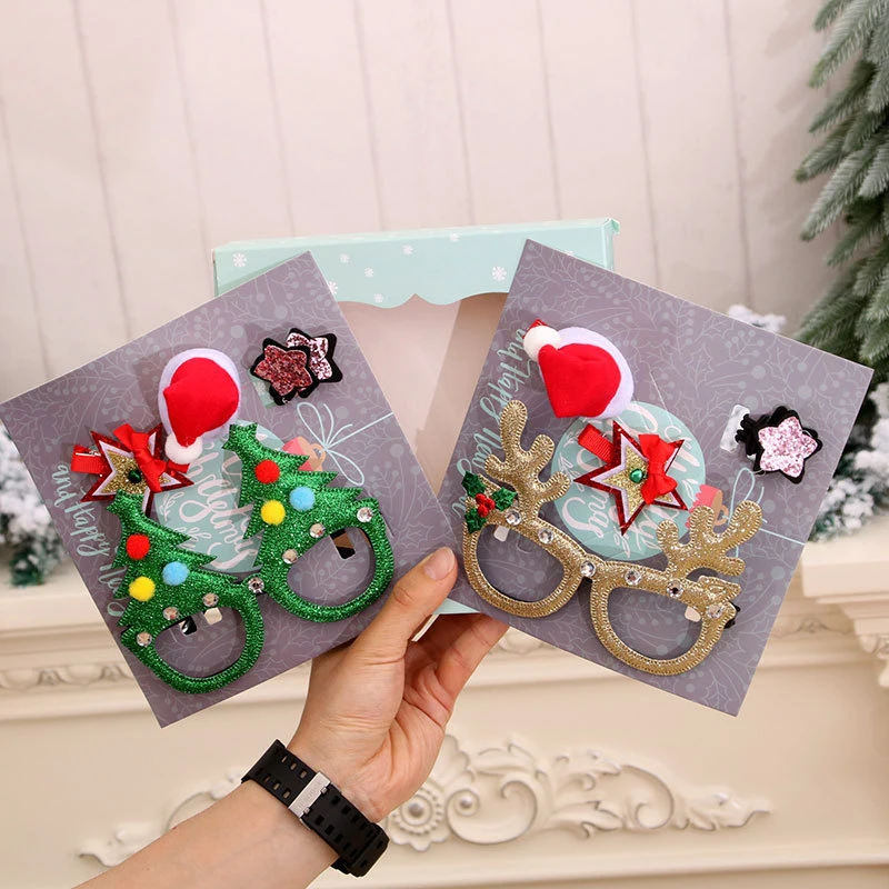 2 PCS Cartoon Style Christmas Glasses Hairpin with Santa Elk Tree Ornaments for Xmas Suppliers