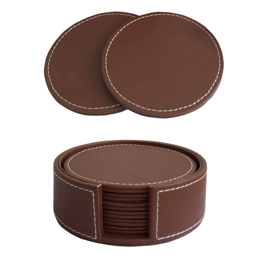 Custom Brown Faux Leather Round Cup Coasters for Drink