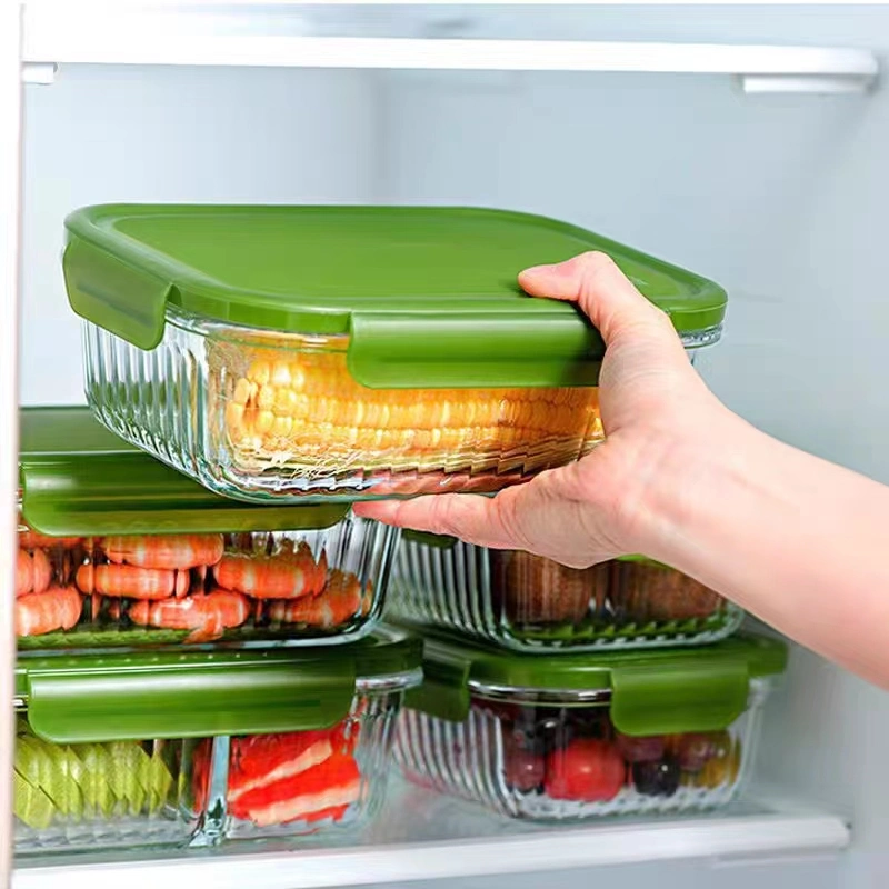 Glass Lunch Box with Embossed Stripe Pattern and Locking Lid