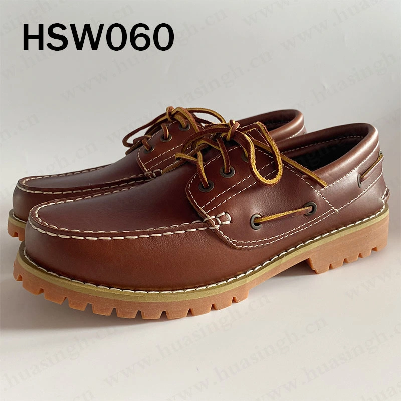 CMH, Spain Market Popular Hand Crafted Full Leather Rubber Sole Brown Boat Shoes Hsw060