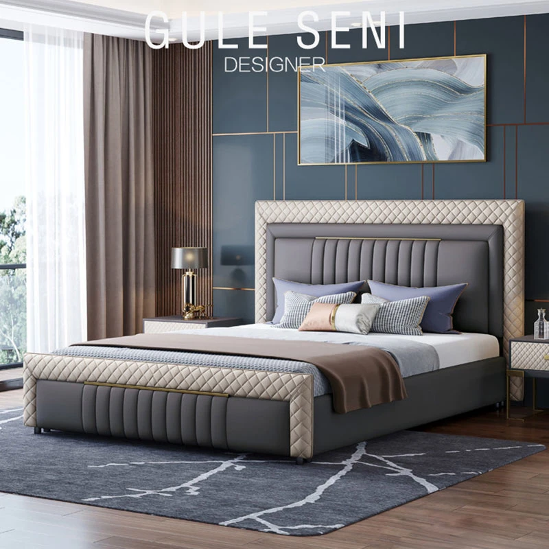 Luxus Großhandel Fabrik Queen Möbel Schlafzimmer Doppel Leder Holzbetten Nachttisch, Günstiges Bett