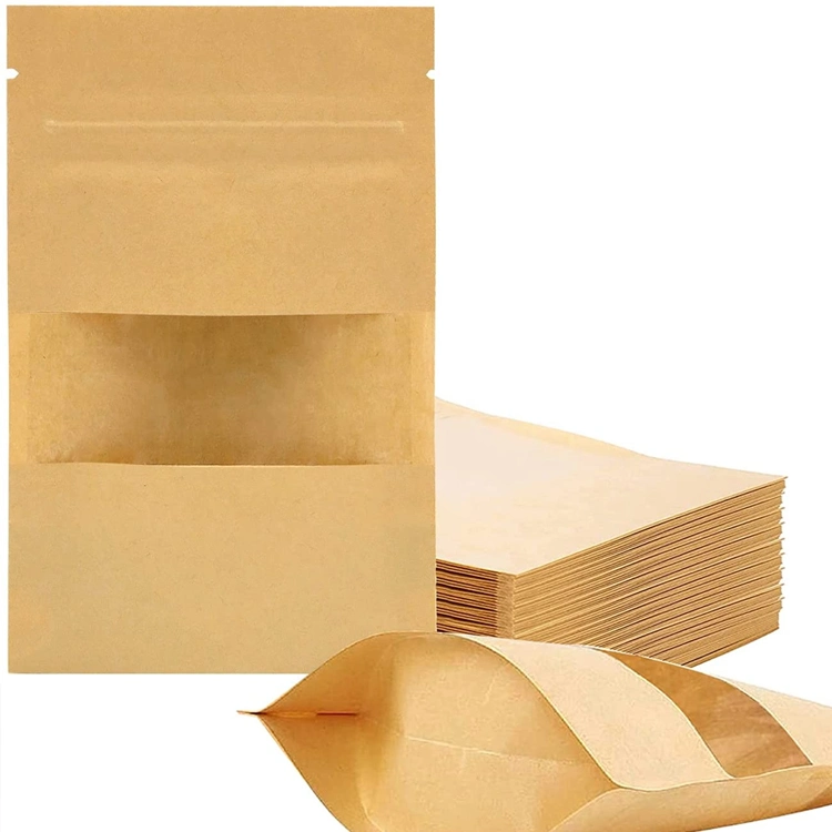 Reusable Stand up Zip Lock Paper Bags Clear Window Kraft Paper Packaging