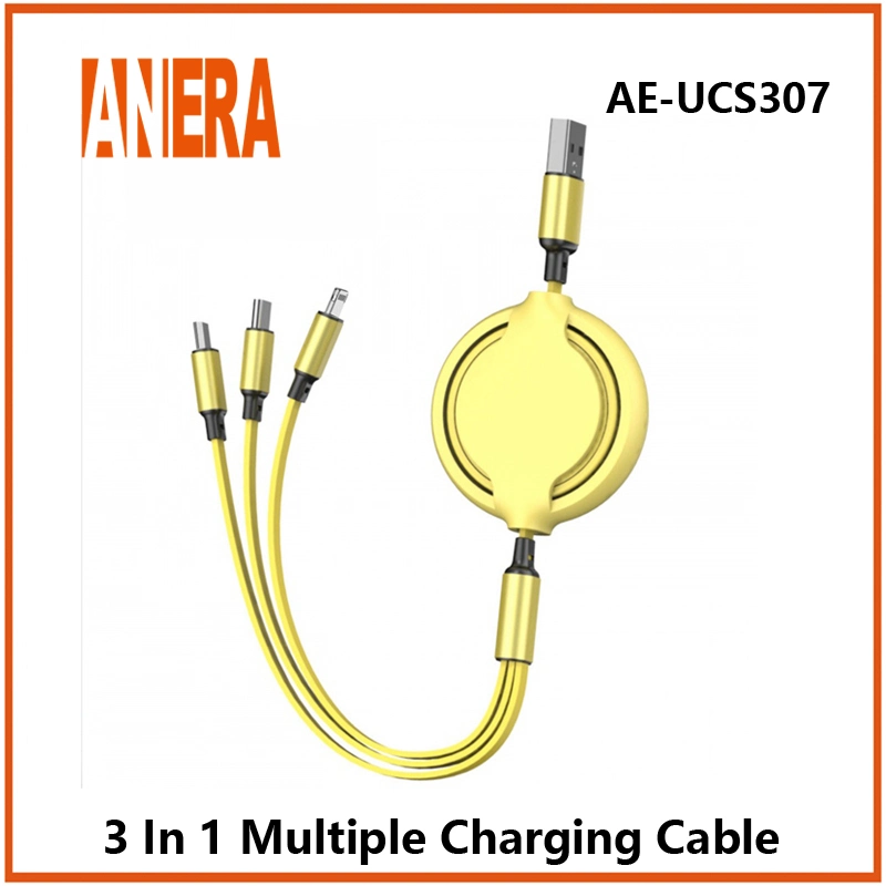 Cabo de Carregamento Rápido Retrátil Flexível Telescópico 3 em 1 USB2.0 para Cabo de Telefone Móvel Tipo-C&Android&Lightning