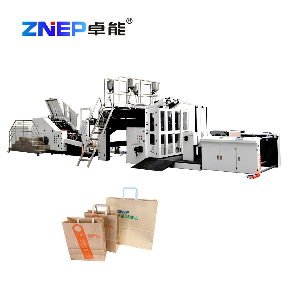 Máquina automática de fabricación de bolsas de papel con asas planas dobladas o Vertical
