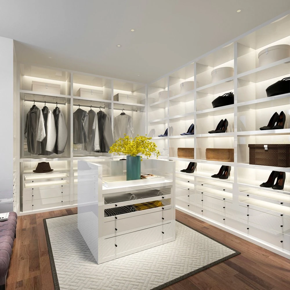 Móveis de quarto de alta qualidade, design moderno personalizado, armários modulares de madeira para closet com mesa de vestir e espelho.