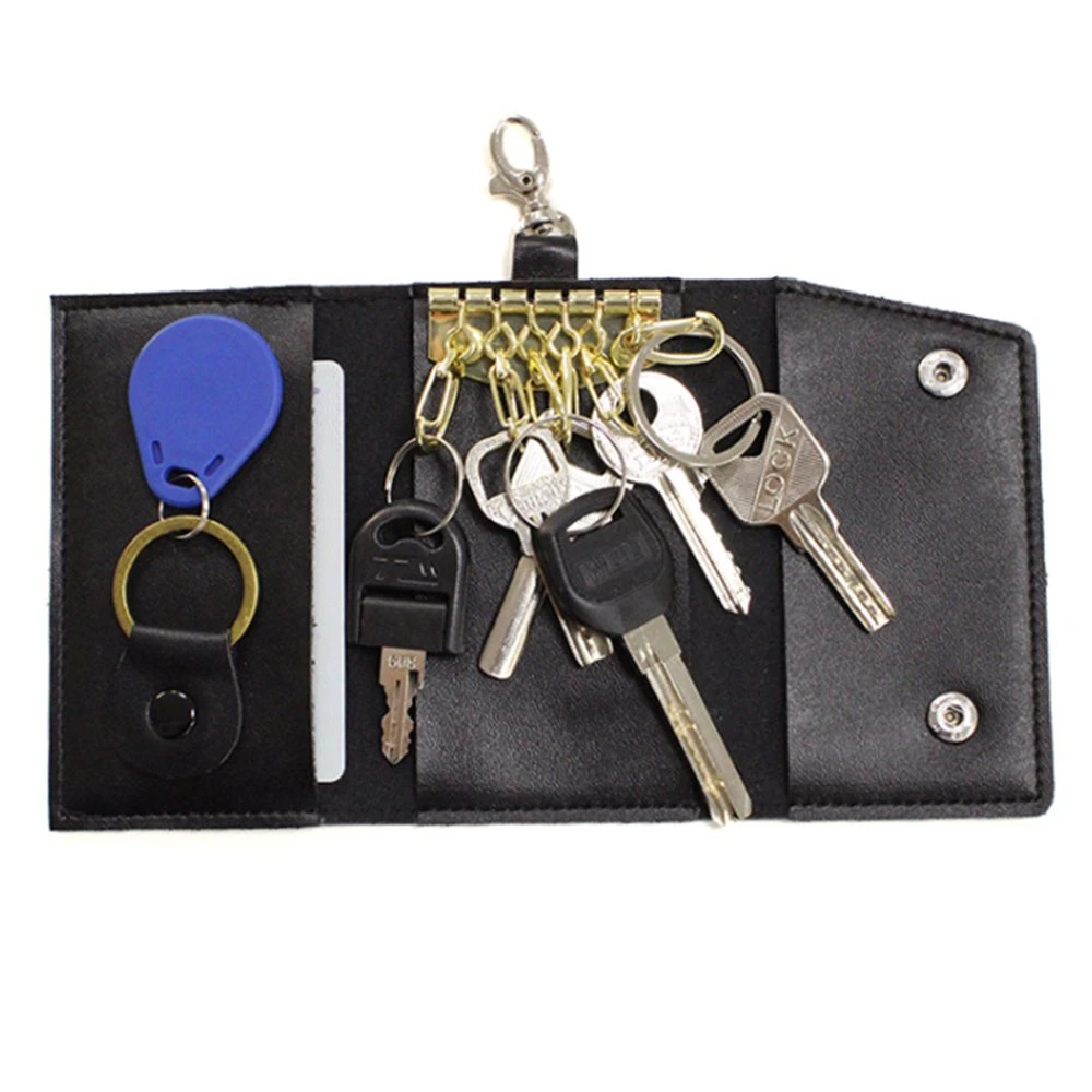 Small Fashion Tri Fold Black Holder Faux Leather Chain Key Wallet