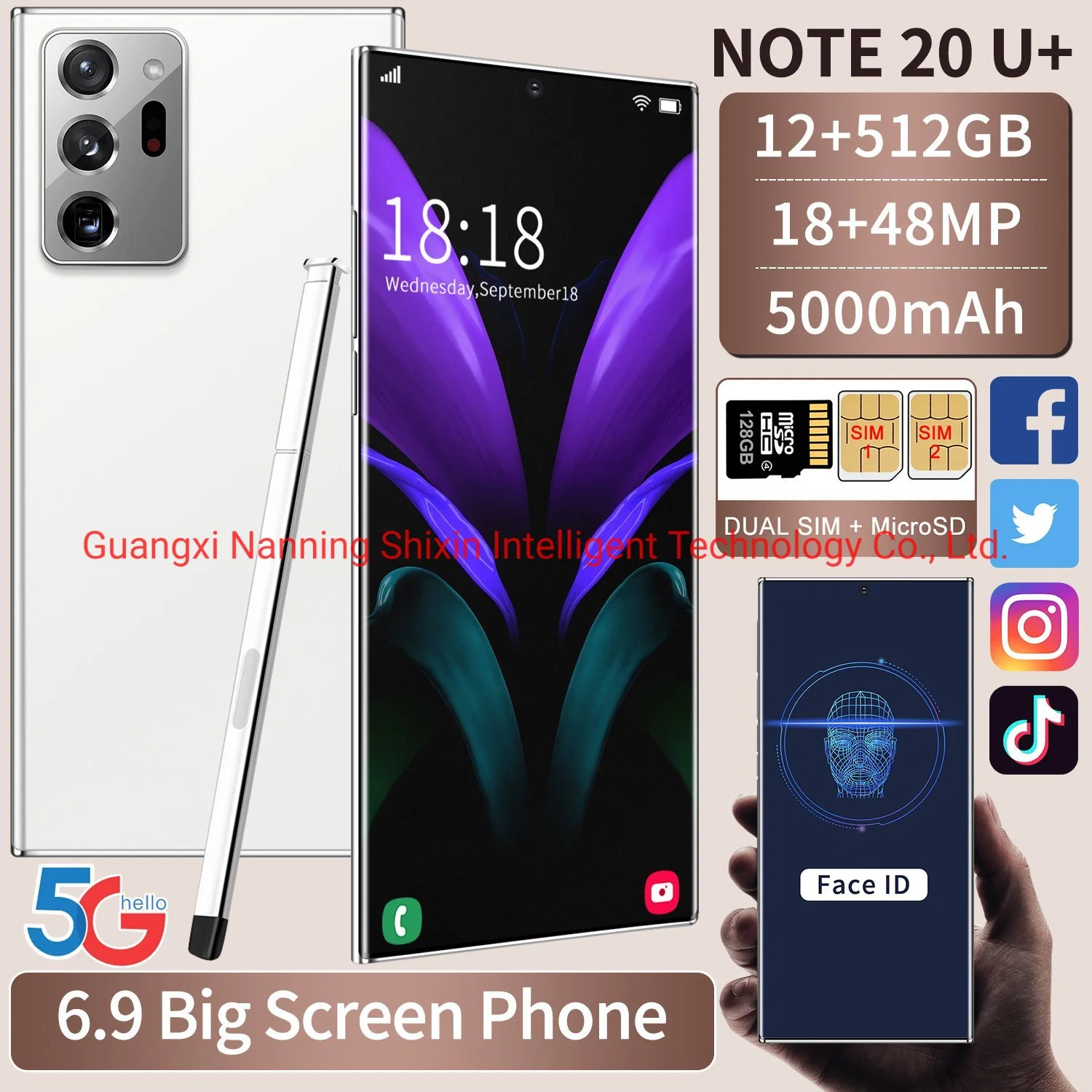 Wholesale/Supplier Note20u+ Global Version Smartphone Amoled Screen Android 10.0 Telephone with Face Unlock 12+512GB Mobile Phone