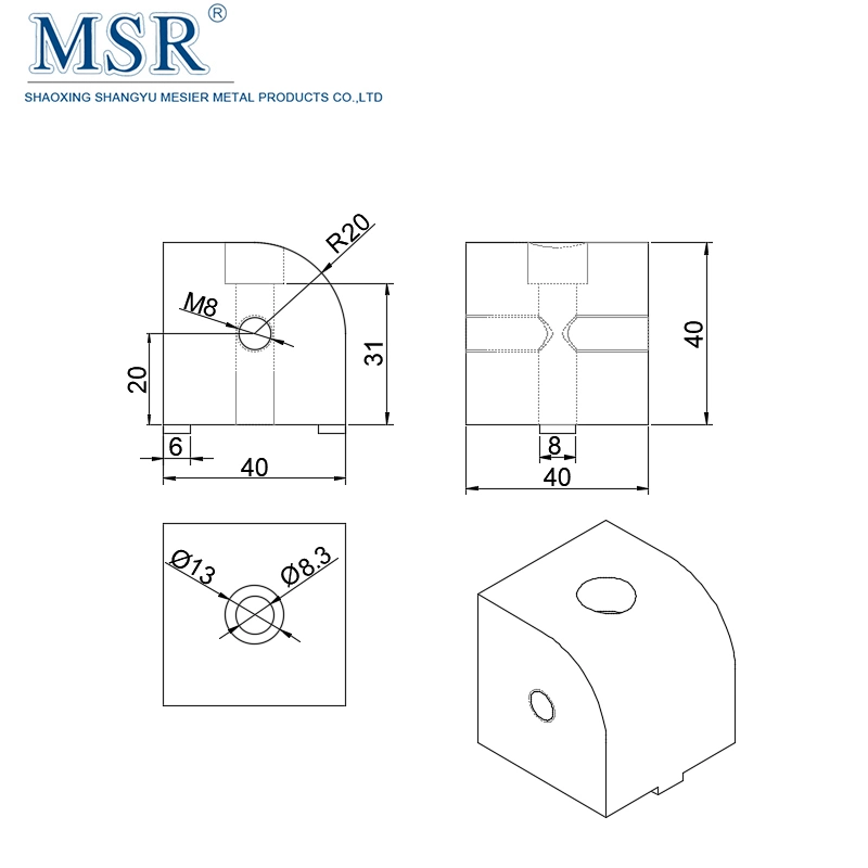 0 Degree 40 Right Angle Living Nub for Aluminium Profile