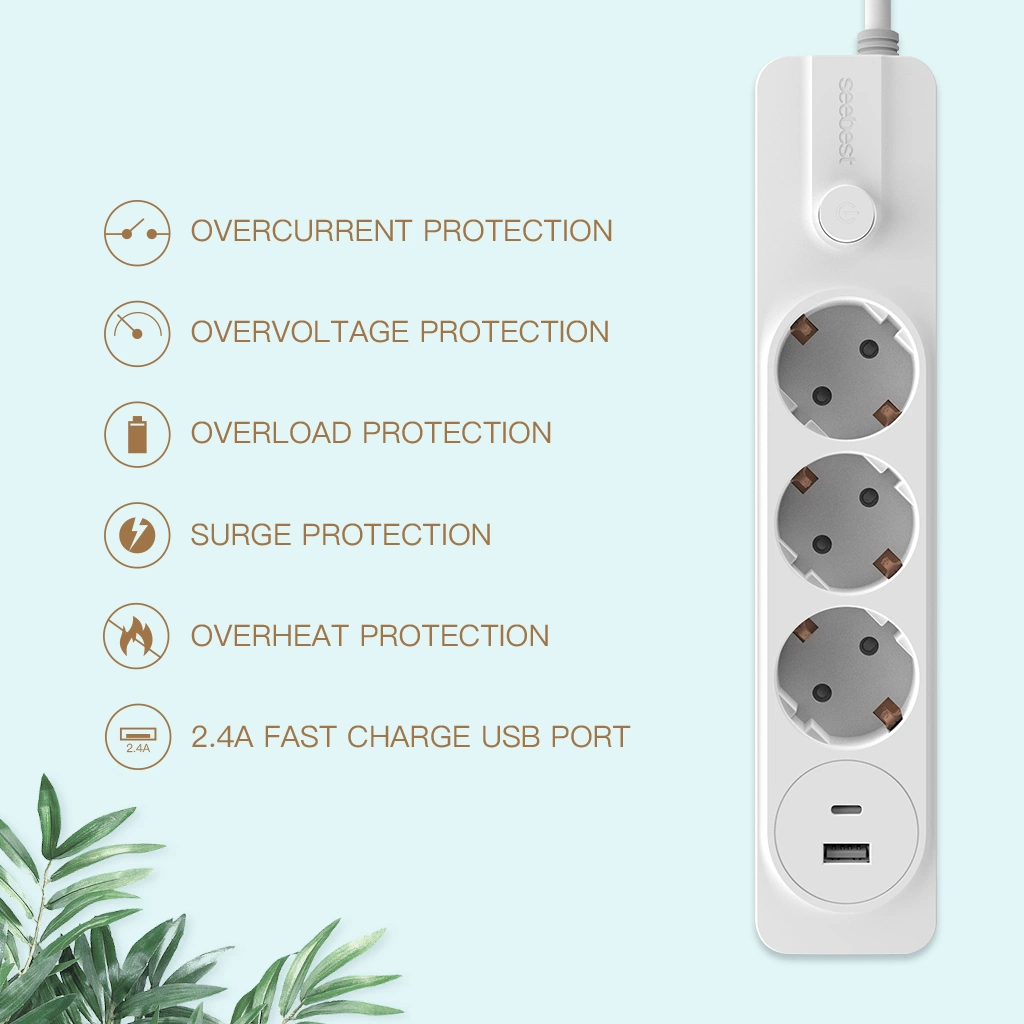 Alemán estándar de 4 vías de la regleta de alimentación eléctrica Protector de sobrecarga de extensión USB con cable de toma