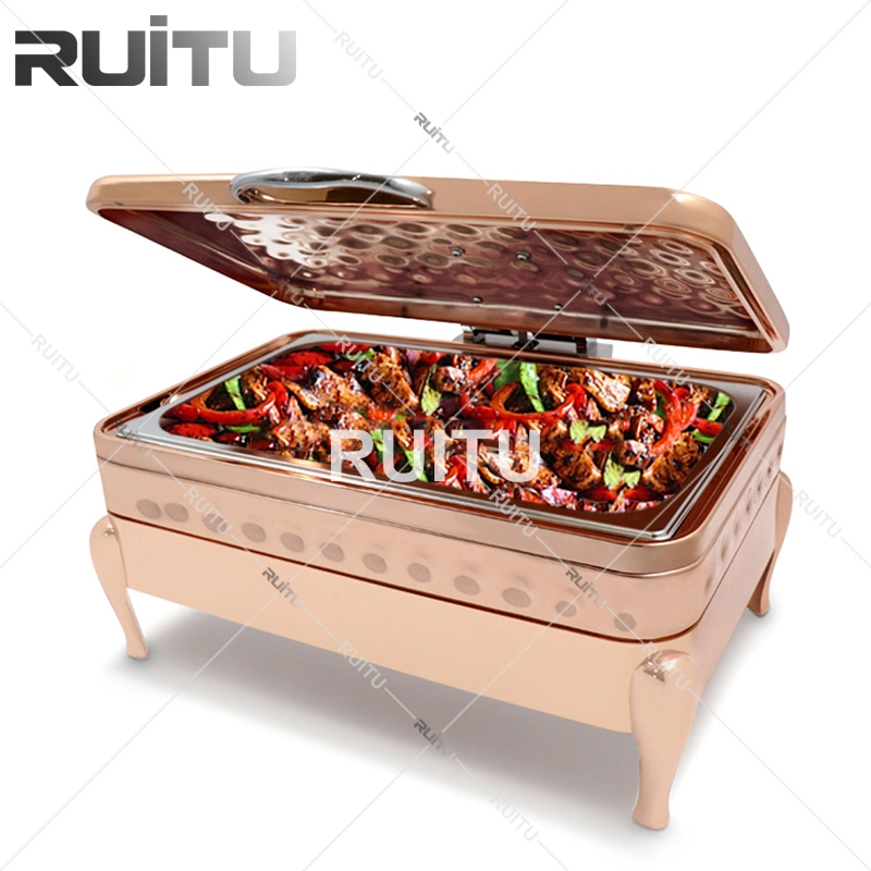 High quality/High cost performance 18/10 Stainless Steel Glass Lid Standing Food Warmer Chafers Hydraulic Oblong Brass Wedding 9 Litre Pour Buffet Copper Rose Gold Chaffing Dish