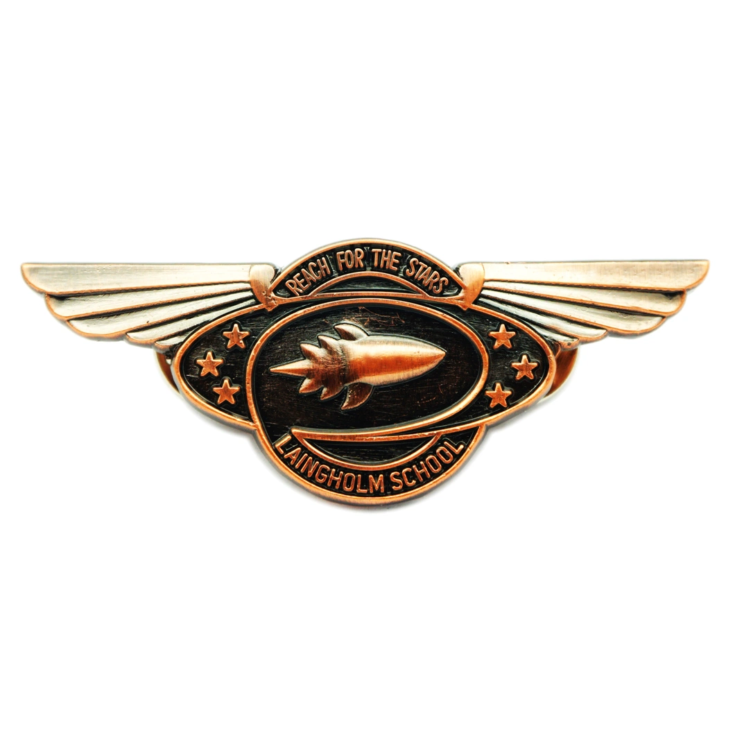 High quality/High cost performance  Wholesale/Supplier OEM and ODM Unique Silver Badge Personalized Vintage Brass Stamping 3D Metal Wings Pin