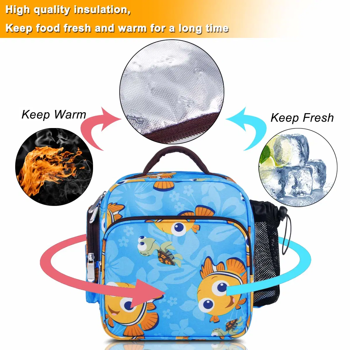 As crianças Bonitinha Goldfish isolada Tote bolsa com alça a tiracolo ocultos Saco térmico do recipiente de almoço para as crianças, Azul