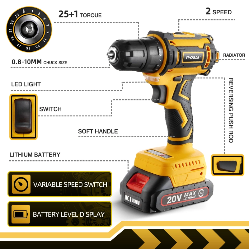 Kit de perceuse sans fil Vvosai 20V vendue à chaud, garantie 1 an