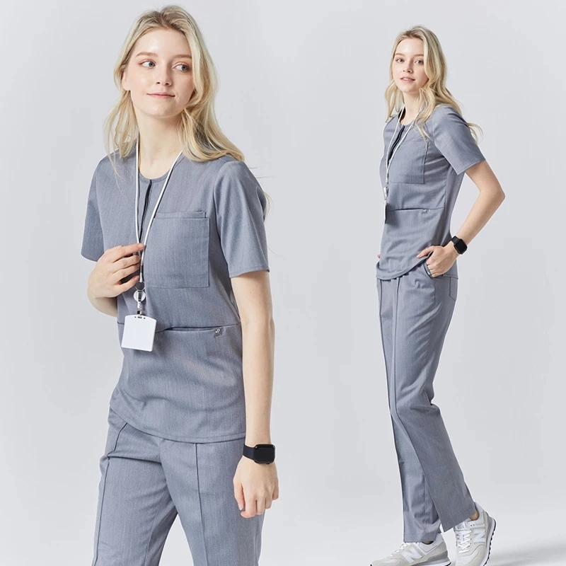 Nurse Scrubs Uniform Suits Health Worker Summer Short Sleeve Working Scrub Tops and Pants Set Women Solid Color Nursing Workwear