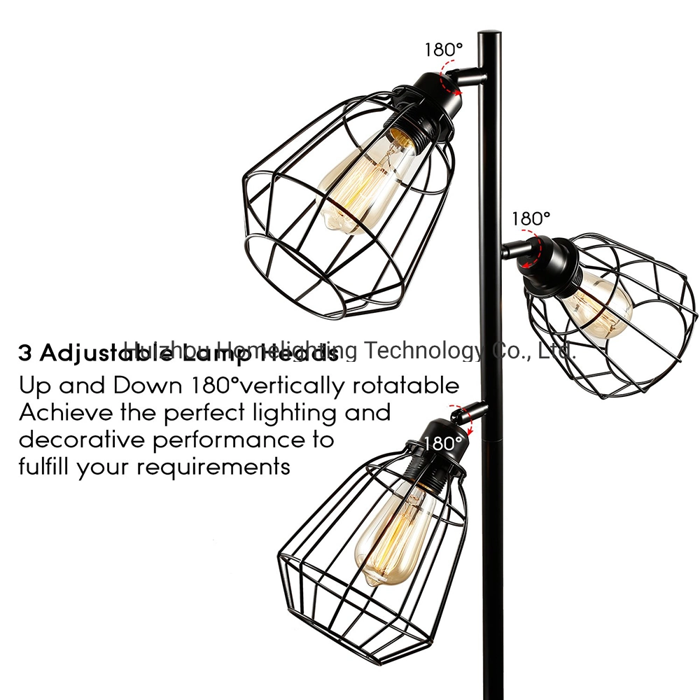 JLF-431 projecteur industriel à cage métallique Torchiere lampe sur pied à 3 têtes Lustre