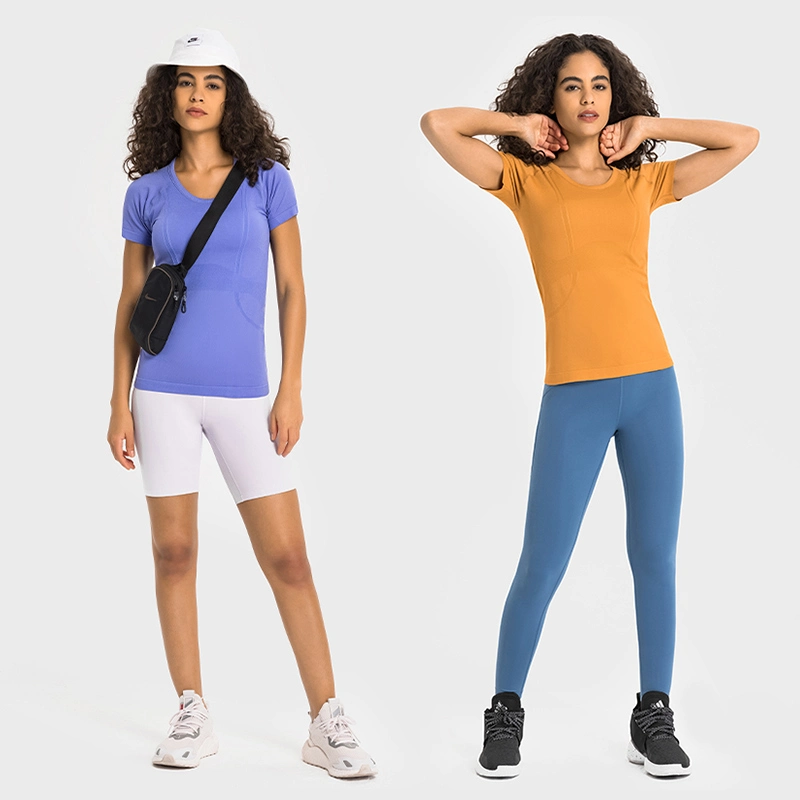 Женская футболка для тренинга с коротким рукавом бесшовная тонкая форма Yoga Gym Спортивная одежда для бега