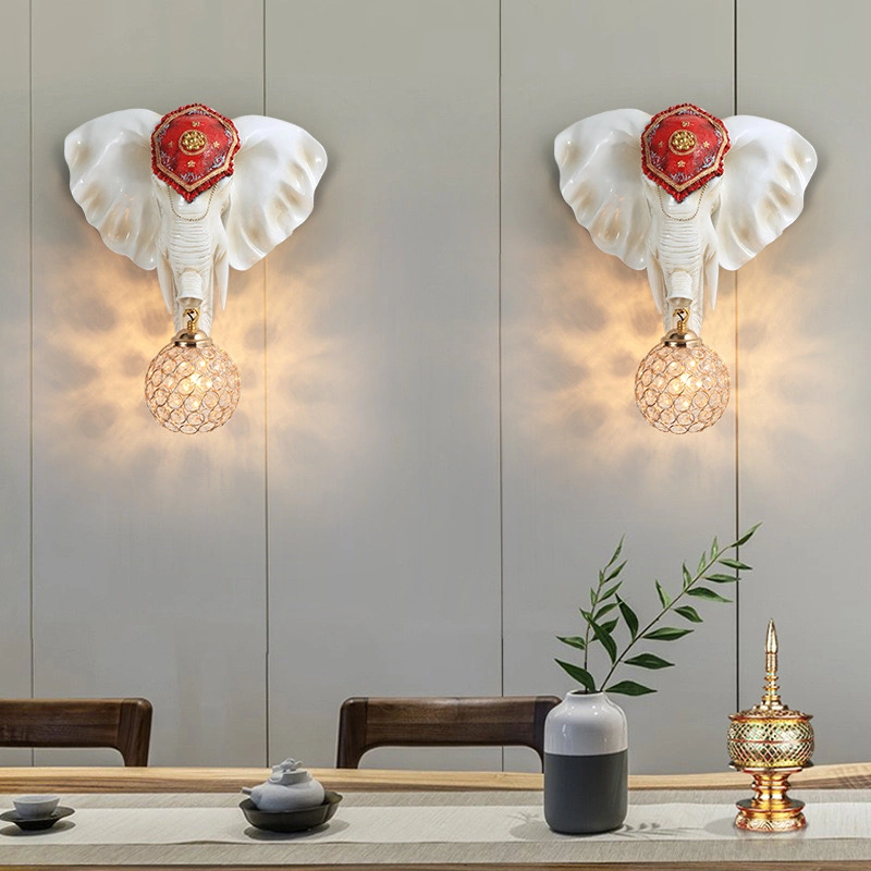 European American Style Elephant Resin Glass Handicraft Wall Lamp