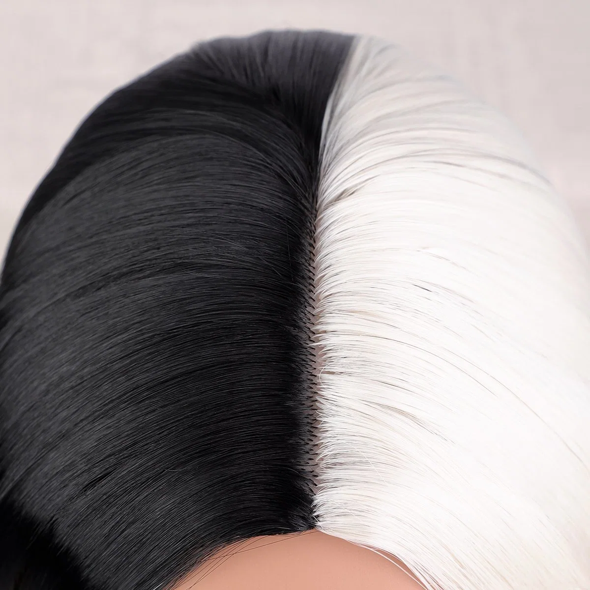 Long Straight Half Cream White Half Black Synthetic Fiber Hair Wig