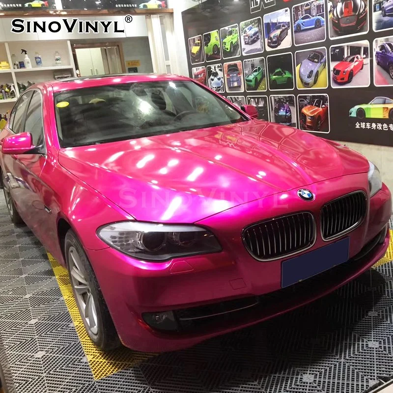 SINOVINYL Super Gloss Metallic Candy Pink Vinyl Car Wrap Covering Skin Low Tack Removable Glue