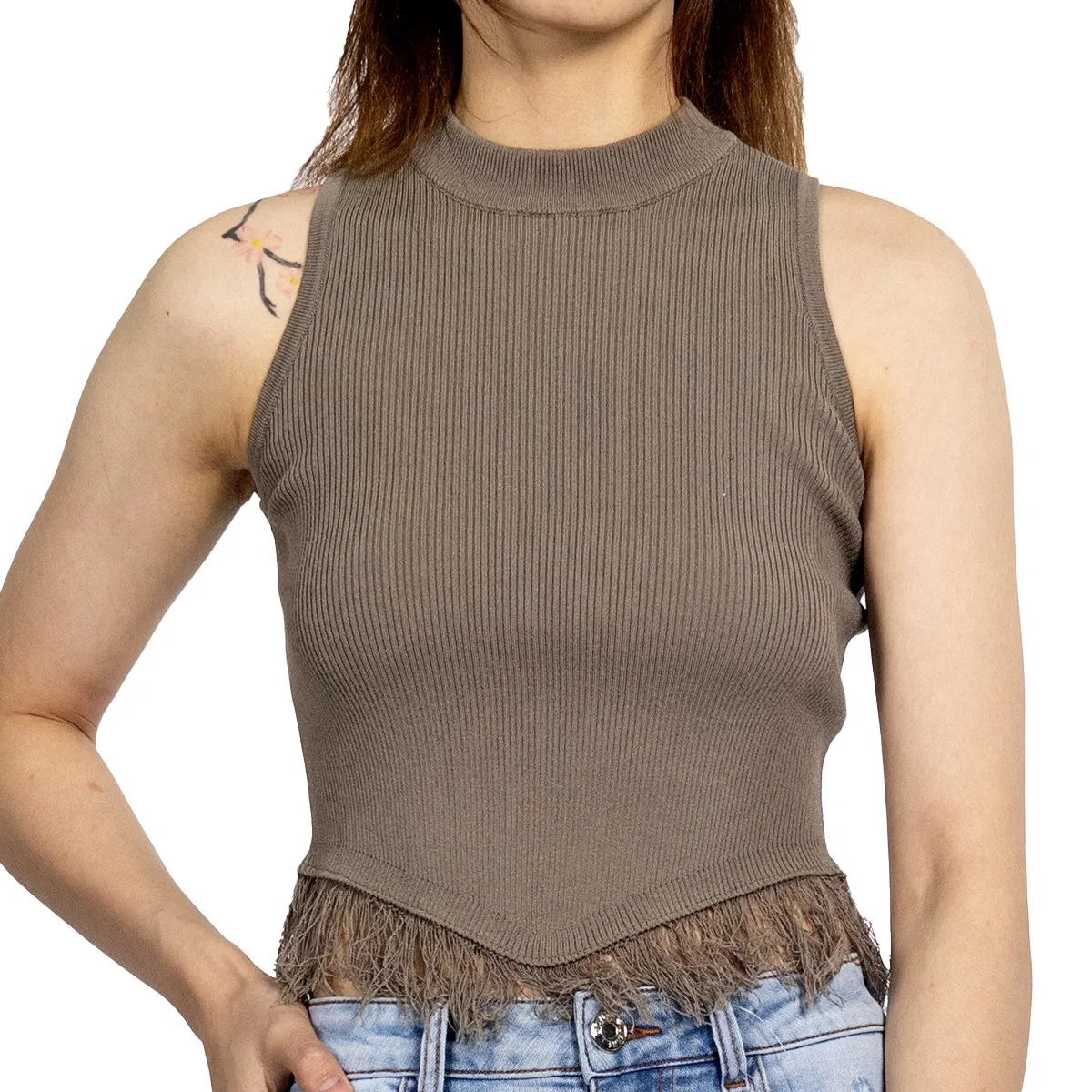 Custom Rundhalsausschnitt Strickweste Weiblich Quaste Raw Saum Ärmellos Damen Tanktop