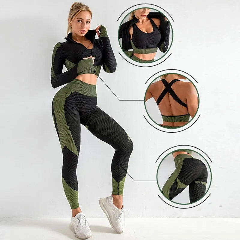 Женские леггинсы для бега Yoga Sportswear из бесшовных комплектов для тренировок 2/3 ШТ. И спортивное бра с растяжкой