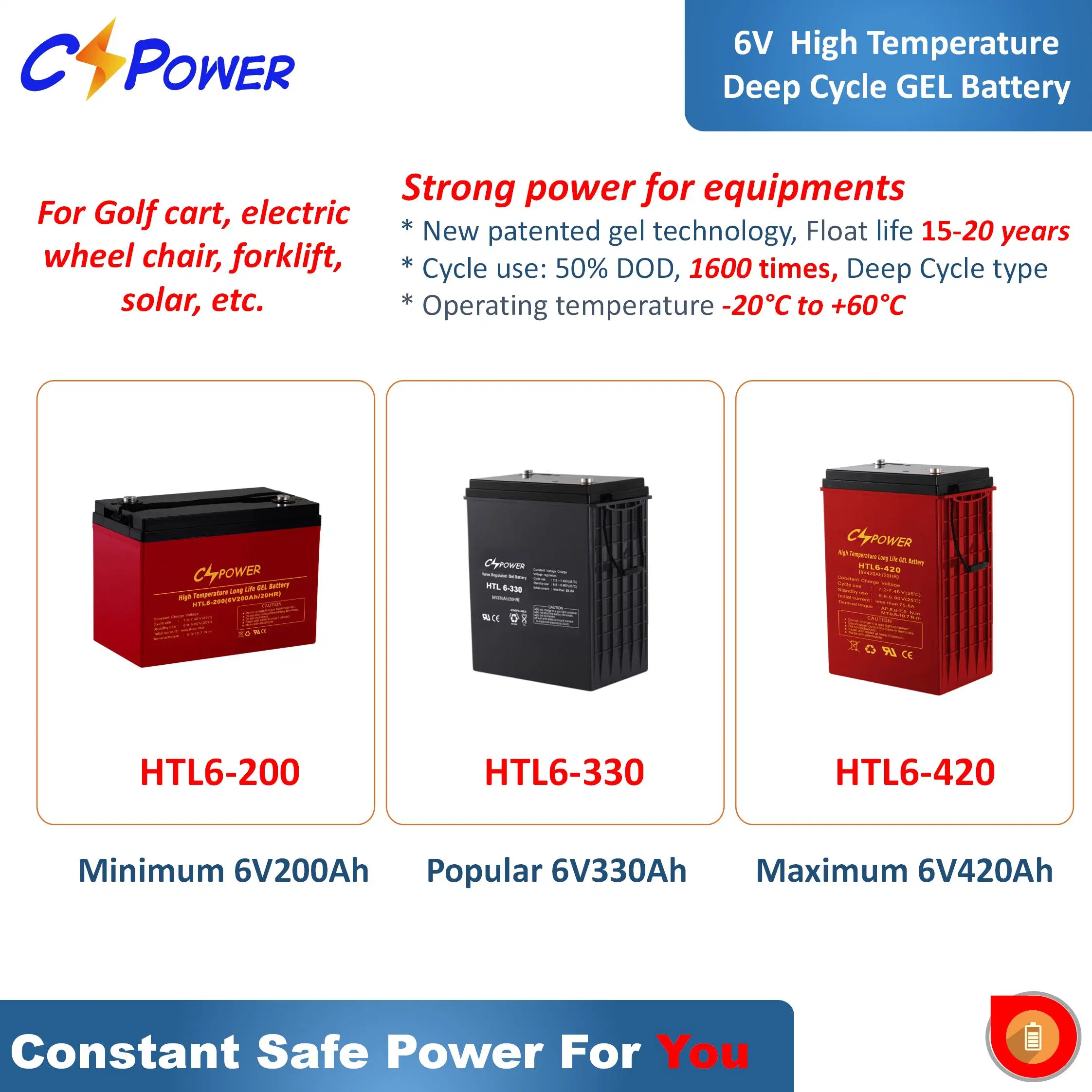 Cspower Battery Htl 6V310ah High-Temperature-Deep-Cycle-Gel-Battery for Solar/UPS/System/Battery-Charger/Power-Supply/Electric-Vehicle-Battery