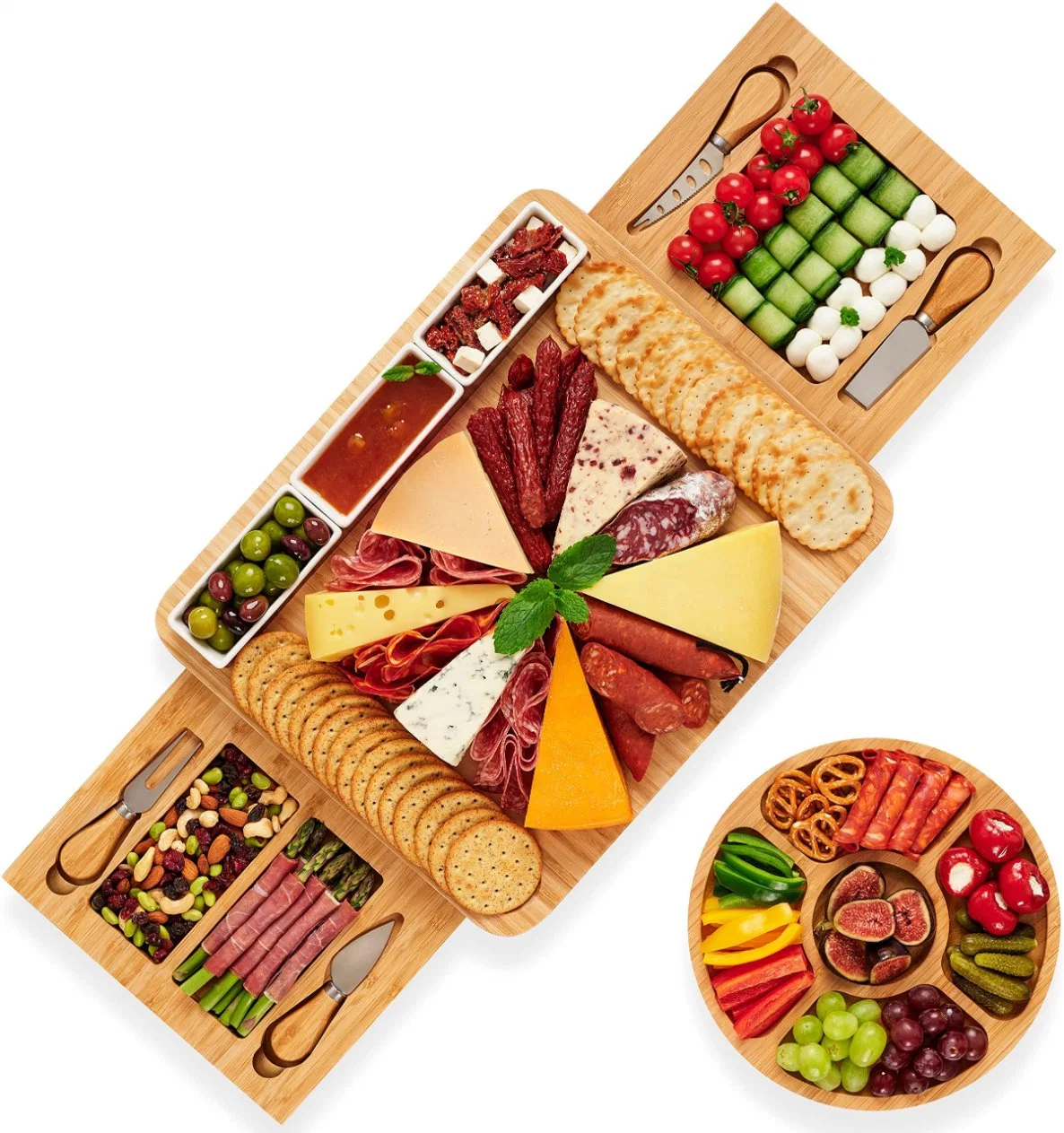 Tabla de charcutería, tabla de quesos, juego de cuencos y cuchillos de cerámica, fuente extra grande de bambú para servir queso, carne - Regalo para hombres, mujeres, parejas, aniversarios