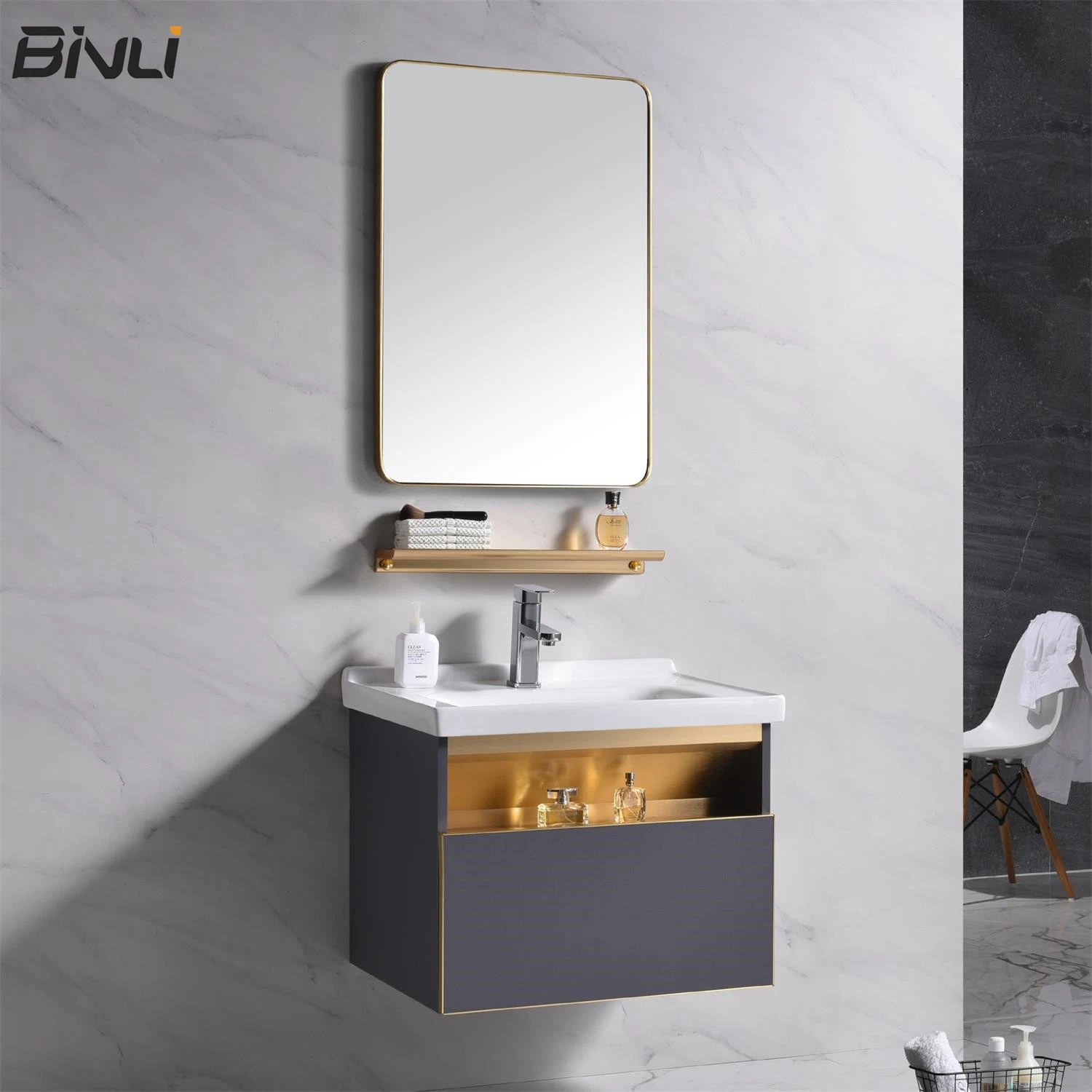 Tiroir de rangement salle de bains luxe Golden Vanity Cabinet établit avec le verre miroir, étagère