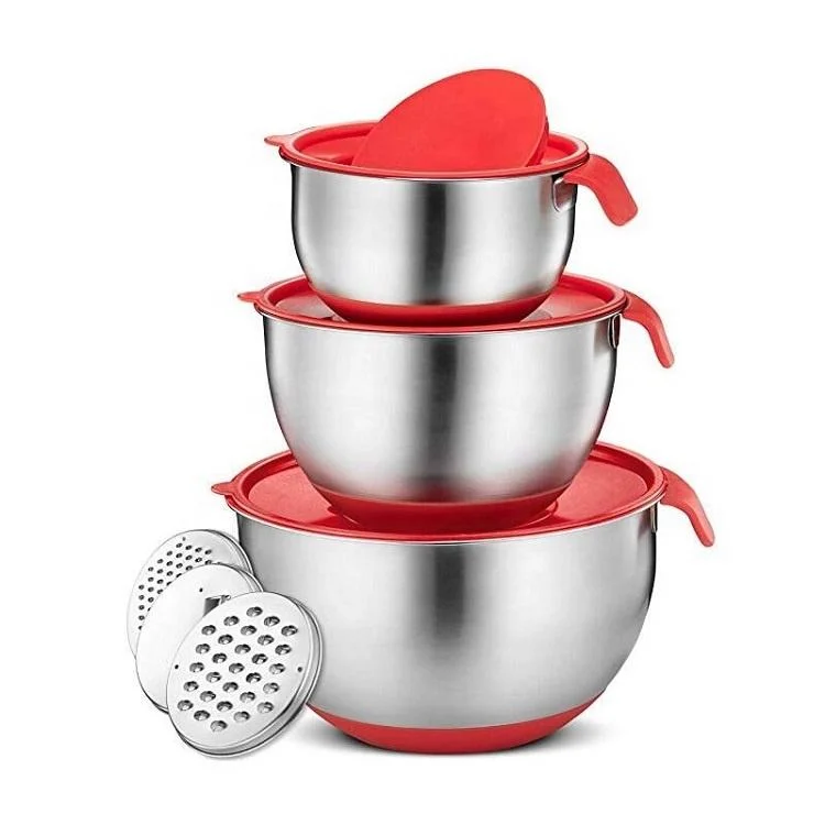 Multi-Functional Cooking Utensil Stainless Steel Bakeware Mixing Bowl Non-Slip Silicone Base Salad Mixing Bowls Set