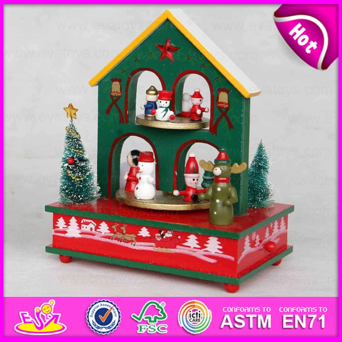 2015 USA Interesting Warm House Wood Chirstmas Music Box, High Quality Wooden Christmas Music Toy with a House Structure W07b005b