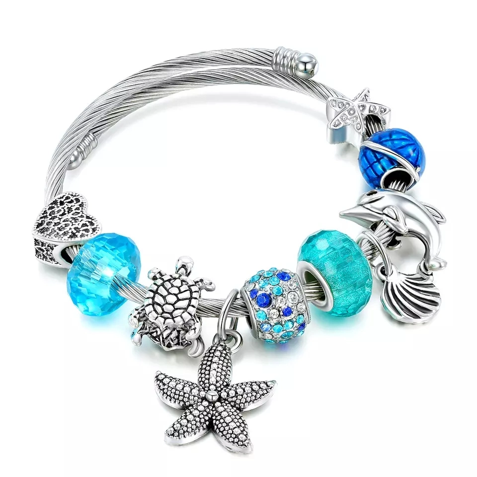 Elegante pulsera de acero inoxidable de la playa de bricolaje Charms pulsera para dama con abalorios de cristal Precio al por mayor joyería artesanal