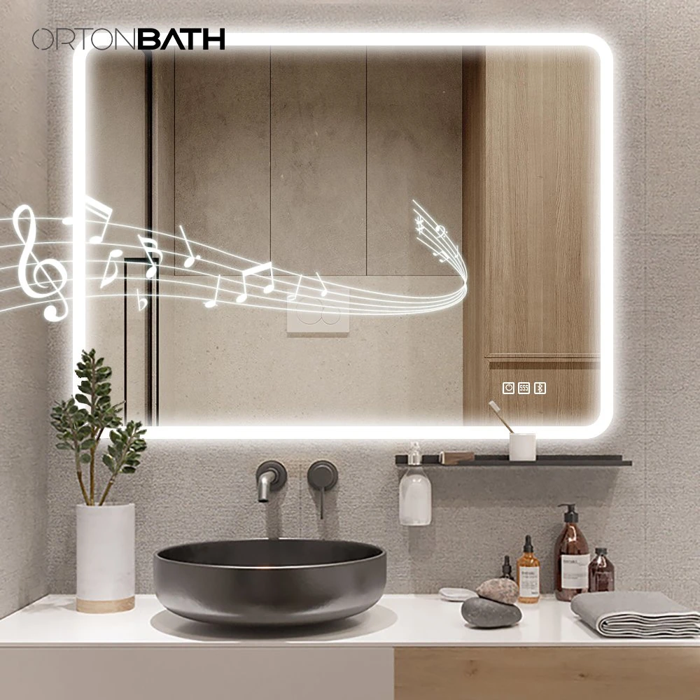 Meuble de toilette Ortonbath Smart Mirror avec lumières montage mural 24 x 18 pouces Désembueur de gradateur Crystal Clear miroir de salle de bains à LED incassable avec Bluetooth Haut-parleur de musique