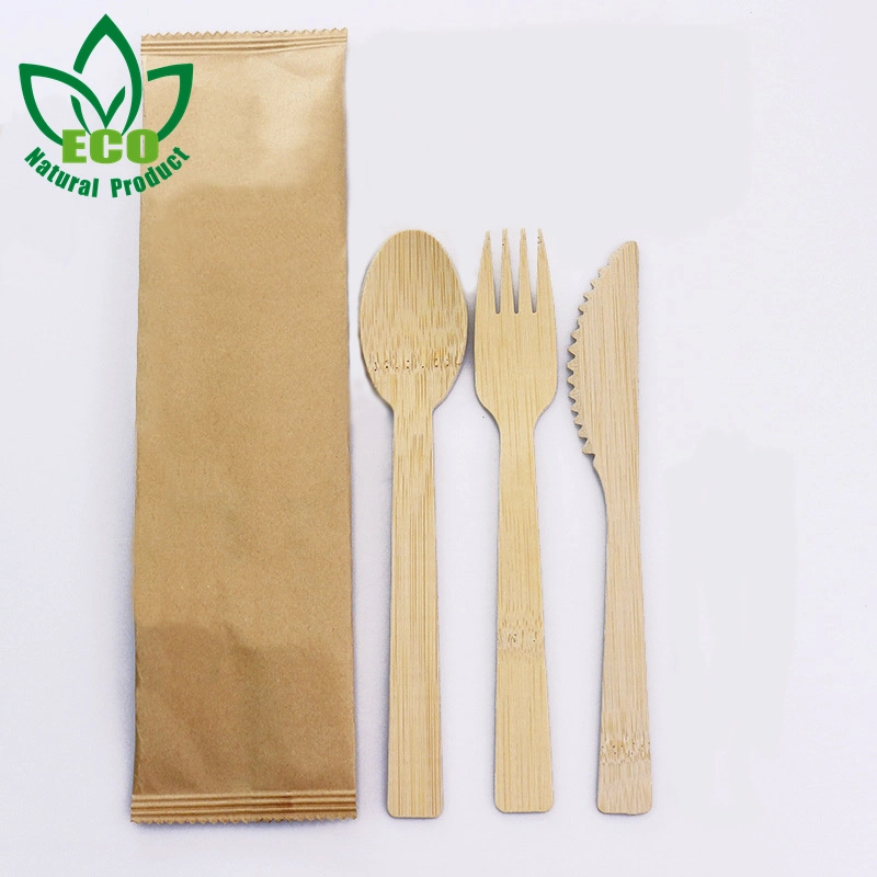 Natural Wood Cutlery Sets Pack with Paper Wrapped Individually Packed Disposable Cutlery