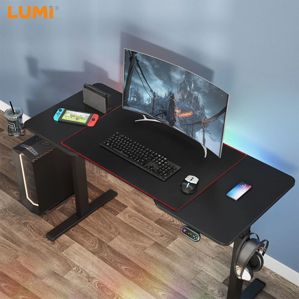 Kundenspezifischer RGB-Licht Computer Gamer Tisch Dual Motor Höhe einstellbar Elektrischer Sit Stand Up Gaming Schreibtisch mit Kopfhörerhaken und Getränkehalter