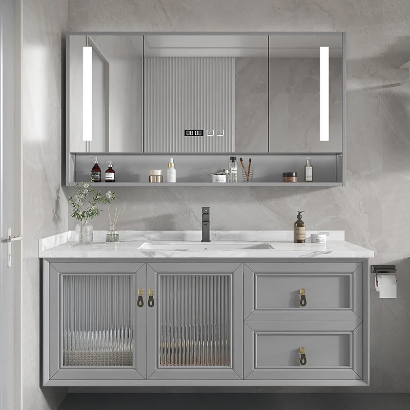 Meuble de salle de bain mural de conception extérieure exquise de couleur grise de 120 cm avec armoire de toilette de design irrégulier et miroir LED.