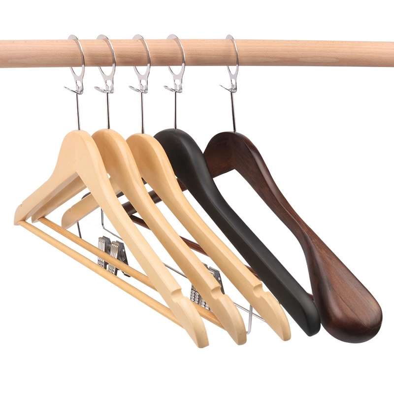 High-Quality Hotel Wooden Hangers of Solid Wood in Natural/Dark/Cherry Finish with Metal Chrome Hook or Bottom Bar for Coat/Suit/Shirt for Luxurious Hotels