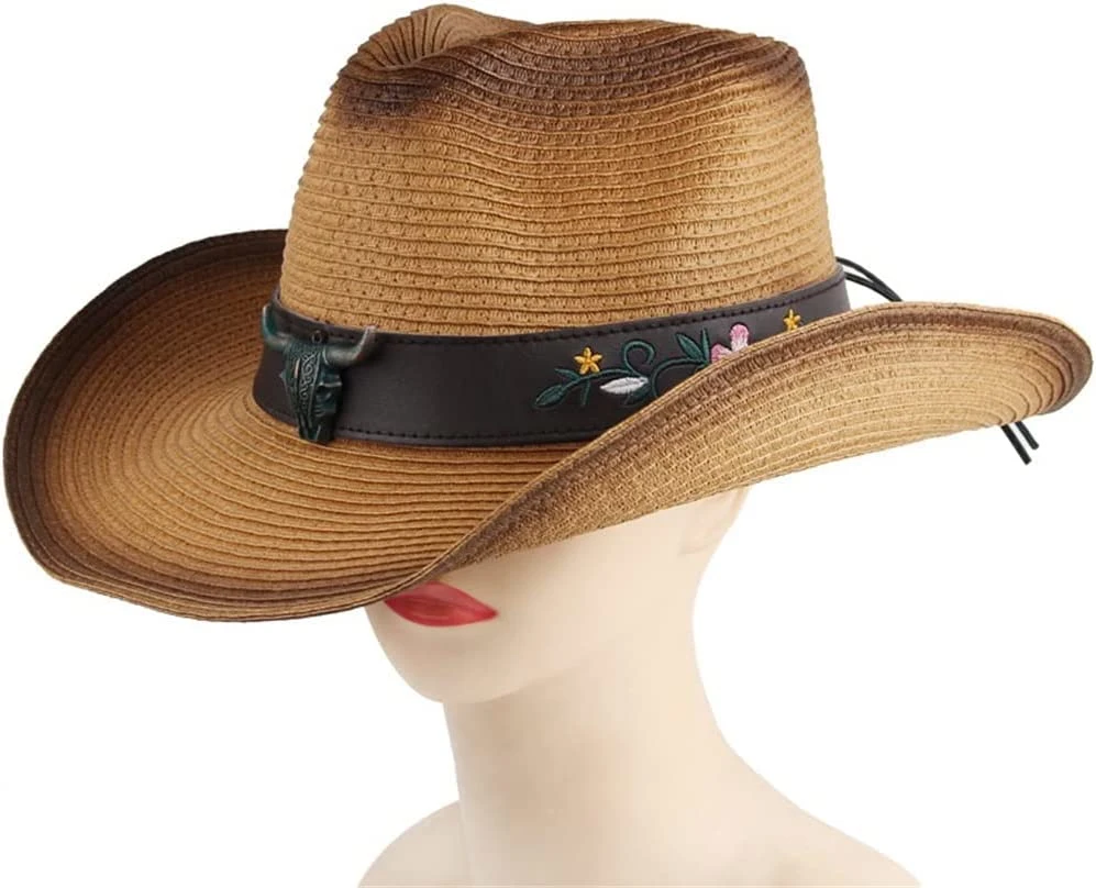 WESTERN Cowgirl chapeau de paille tissé fleur Antique laiton Cow Accessoires Cuir Hatband